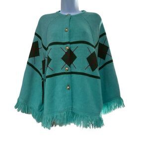 Vtg Carol Brent Teal‎ Argyle Knit Cape Poncho Sweater 60s 70s Fringe O/S Preppy